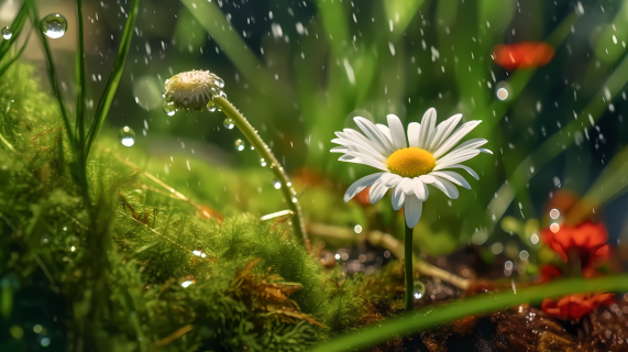 暴雨中雏菊诗意写实摄影图