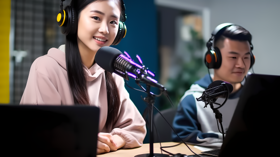亚洲主播头戴耳机电脑前真人摄影图片