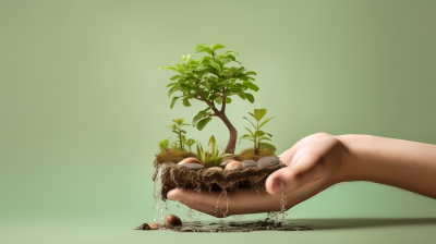 手捧小植物静谧园林摄影图