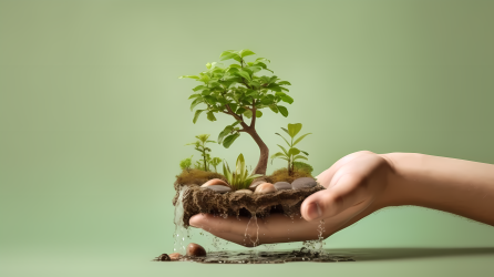 手捧小植物静谧园林摄影图