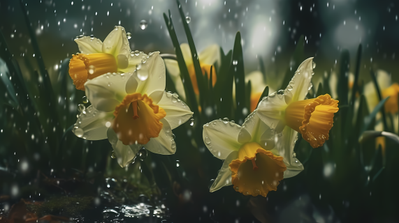 雨中充满生命力水仙摄影图