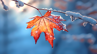 冬季雪中的红色枫叶图