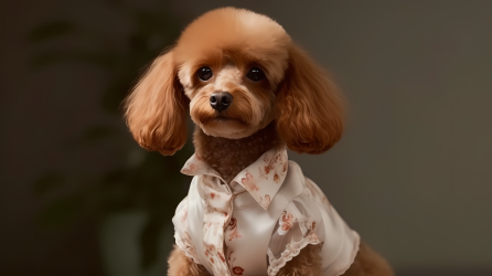 贵宾犬穿着黄白色连衣裙摄影图片