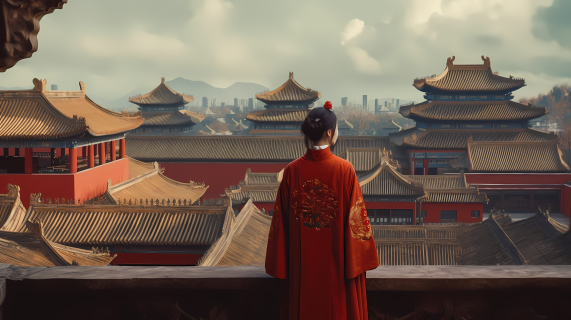 红衣亚洲女子在紫禁城内的自然教育摄影图