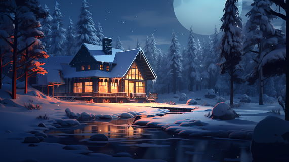 冬夜雪地上的小屋摄影图