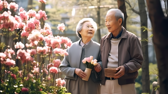亚洲老年夫妇欣赏花朵摄影图片