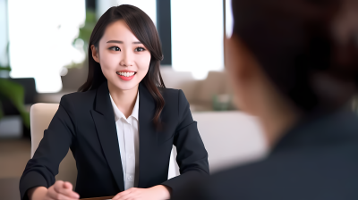 亚洲华裔女士在办公室接受采访的高清摄影图片
