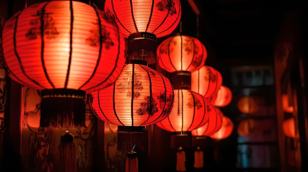 红色装饰灯笼在墙上挂着的摄影图片