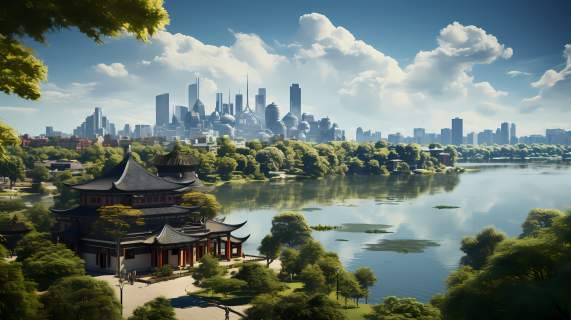 孔子思想下的湖泊公园摄影图