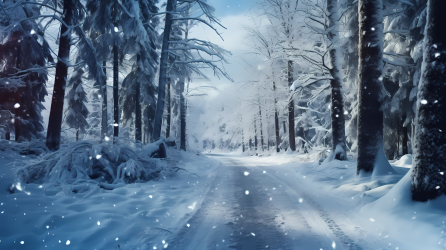 雪中山林，森林中的雪路