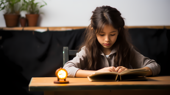 日本少女书桌上沉醉读书的画面摄影图片