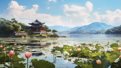 湖畔莲花园摄影图片