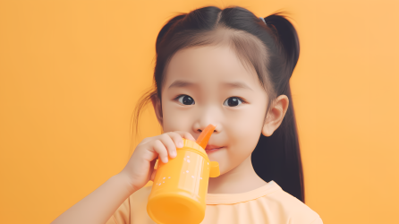 黄衬衫小女孩拿杯子摄影图