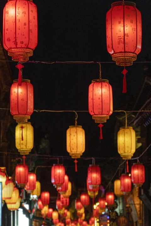 霓虹灯下的灯笼实拍图版权图片下载