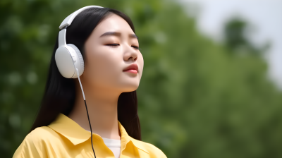 女孩户外戴耳机欣赏音乐摄影图片