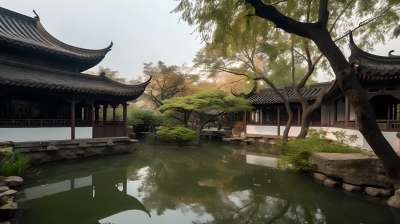 南方水边的建筑风景摄影图