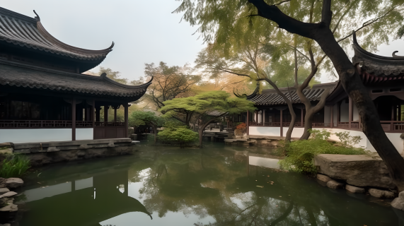 南方水边的建筑风景摄影图