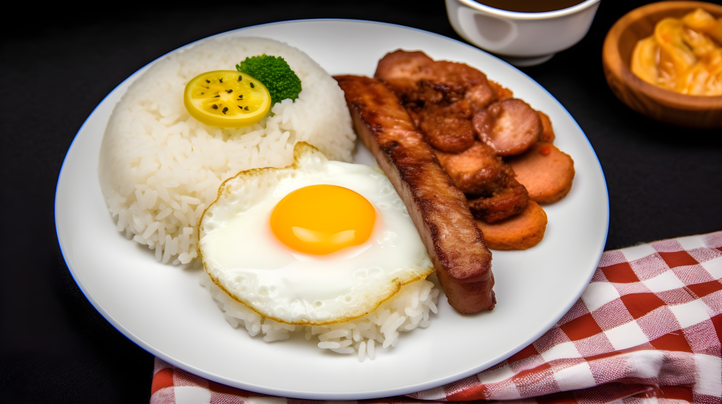 照亮鲜明的大米鸡肉香肠和鸡蛋盘摄影版权图片下载