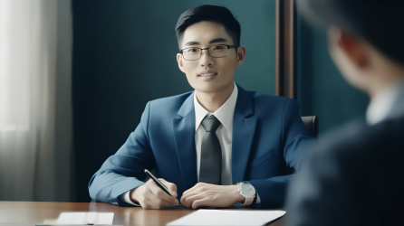 帅气的中国男士桌前坐等面试摄影图片