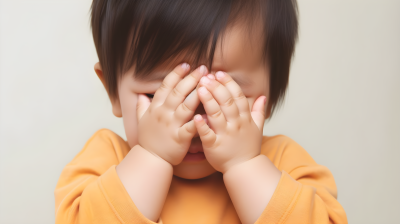 小孩低头捂脸摄影图