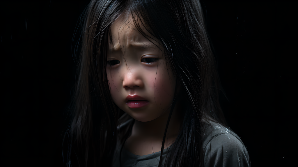 黑背景下的小女孩哭泣 摄影版权图片下载