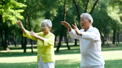 阳光公园里的太极老年夫妇摄影图片