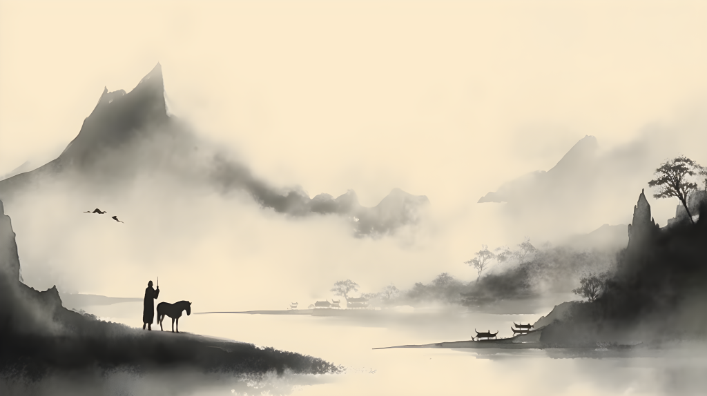 古风水墨画山水湖泊船只摄影图版权图片下载