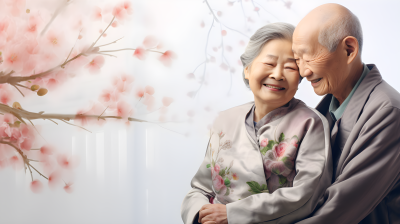 亲切和蔼的老年夫妇在医院中相拥摄影图片