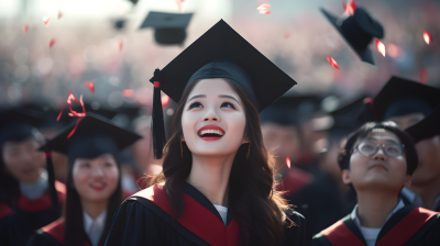毕业典礼中女子佩戴学士帽摄影图片