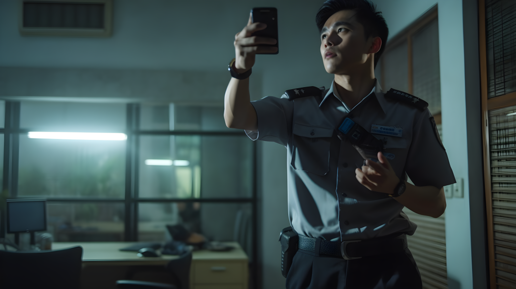 年轻警察手持手机窗口闪光摄影图版权图片下载