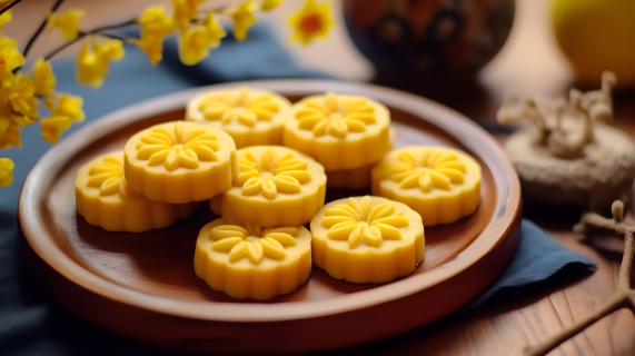 冬梅花环簇拥着米色圆饼摄影图片