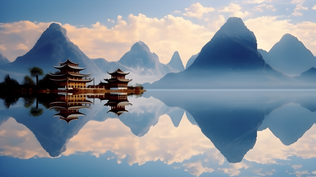 水墨山水与古式建筑摄影图版权图片下载
