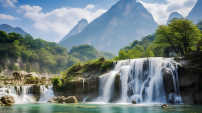 远山与远九天蓝湖上的风景瀑布摄影图