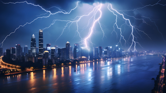 暴雨中的城市和江河闪电摄影图