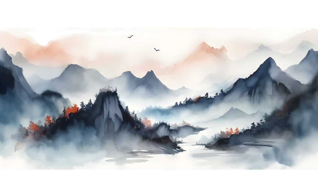 水墨仙山柔和梦幻的水彩山水高清图版权图片下载