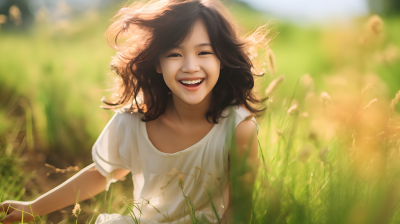 优雅亚洲少女在草地上的摄影图