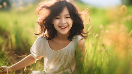 优雅亚洲少女在草地上的摄影图