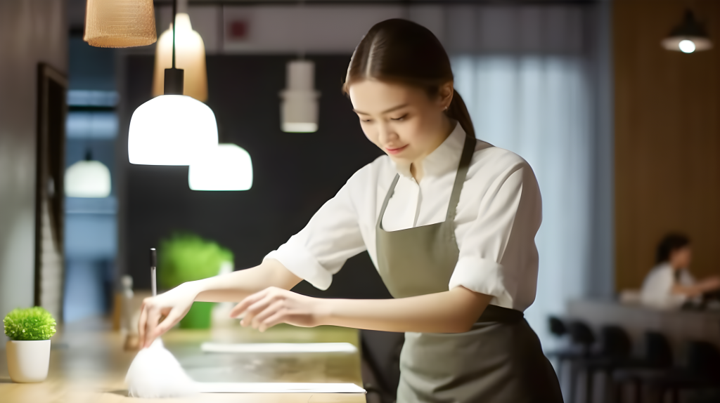 明亮背景下的美丽女服务员清洁餐桌摄影图