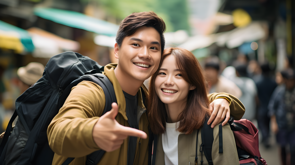 年轻情侣背包旅行摄影版权图片下载