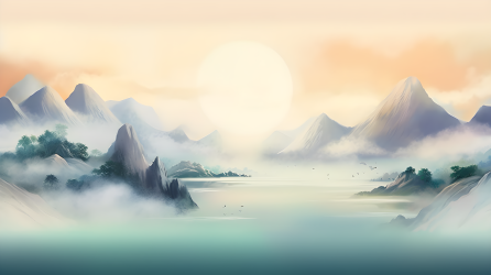迷蒙山景，柔和典雅色彩，水墨画风摄影图片