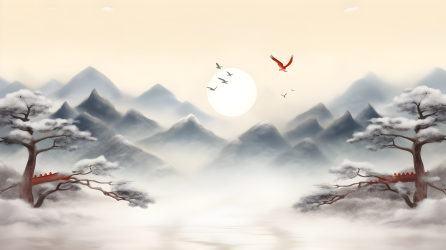 迷蒙山景，柔和典雅的黑白墨画风摄影图片