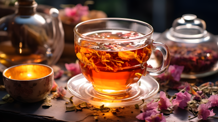清晨一杯清香的玫瑰花茶摄影图片