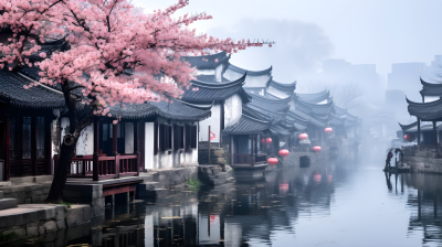 江南水乡，雾中的河流和房屋摄影图