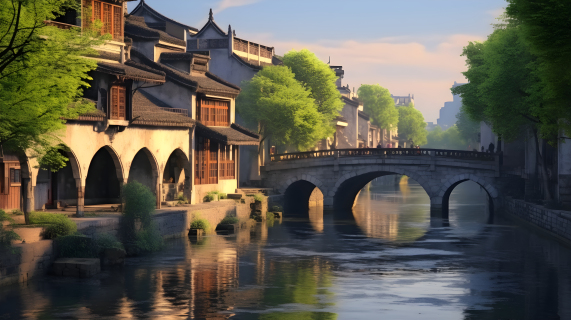 江南水乡传统建筑与流水相映成辉摄影图