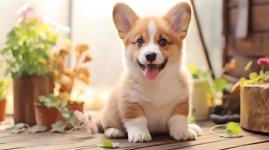 阳光下的柯基幼犬户外花园摄影版权图片下载