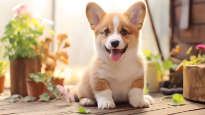阳光下的柯基幼犬户外花园摄影图片
