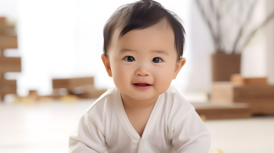 婴儿坐在白色房间的桌子上摄影图片
