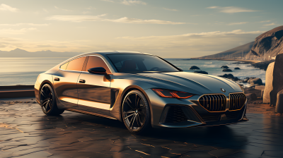 沙滩上驰骋的灰铜色BMW 6系MC级轿车摄影图片