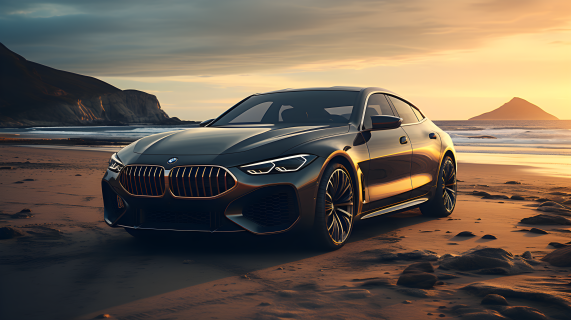 灰铜色阿弗罗未来主义风格BMW 6系MC级轿车在沙滩上行驶的摄影图片