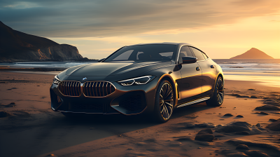 灰铜色阿弗罗未来主义风格BMW 6系MC级轿车在沙滩上行驶的摄影图片